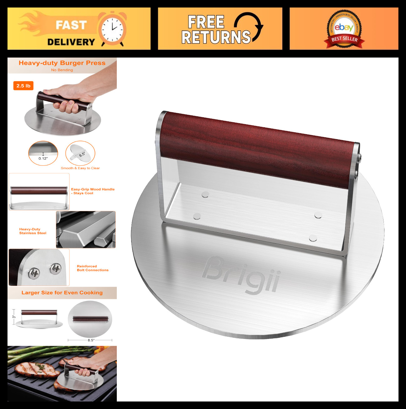 Heavy Duty Stainless Steel Burger Press 8.5" - Smash Burgers, Grill & Griddle To gallery