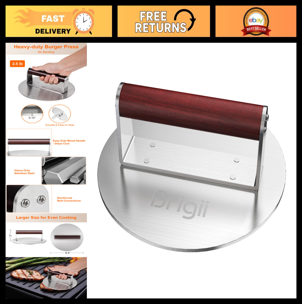 Heavy Duty Stainless Steel Burger Press 8.5" - Smash Burgers, Grill & Griddle To