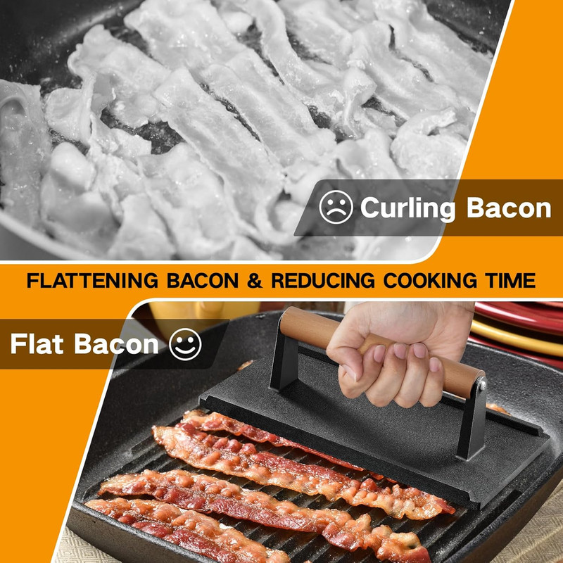 Cast Iron Grill Press-1Pcs, Heavy Duty Bacon/Burger/Griddle/Chef Press with Wood gallery