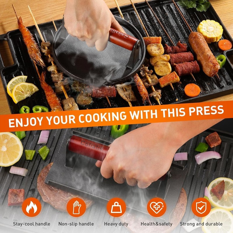 Burger Press 7" Round & 8.2"X4.3" Rectangle Heavy-Duty Cast Iron Smash Bacon New gallery