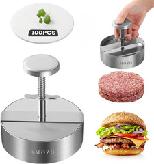 Burger Press with Patty Maker100-Sheet Baking Paper, Stainless Steel Grill Burge