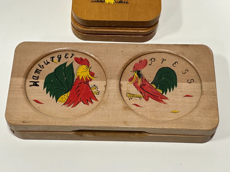 Vintage Hand painted ROOSTER & Duck Japan Hamburger Press Kitchen Decor lot of 2 gallery