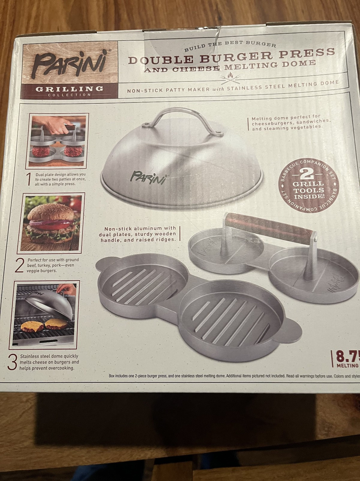 Parini Double Burger Press And Cheese Melting Dome 8.75" Non-Stick Grilling New gallery
