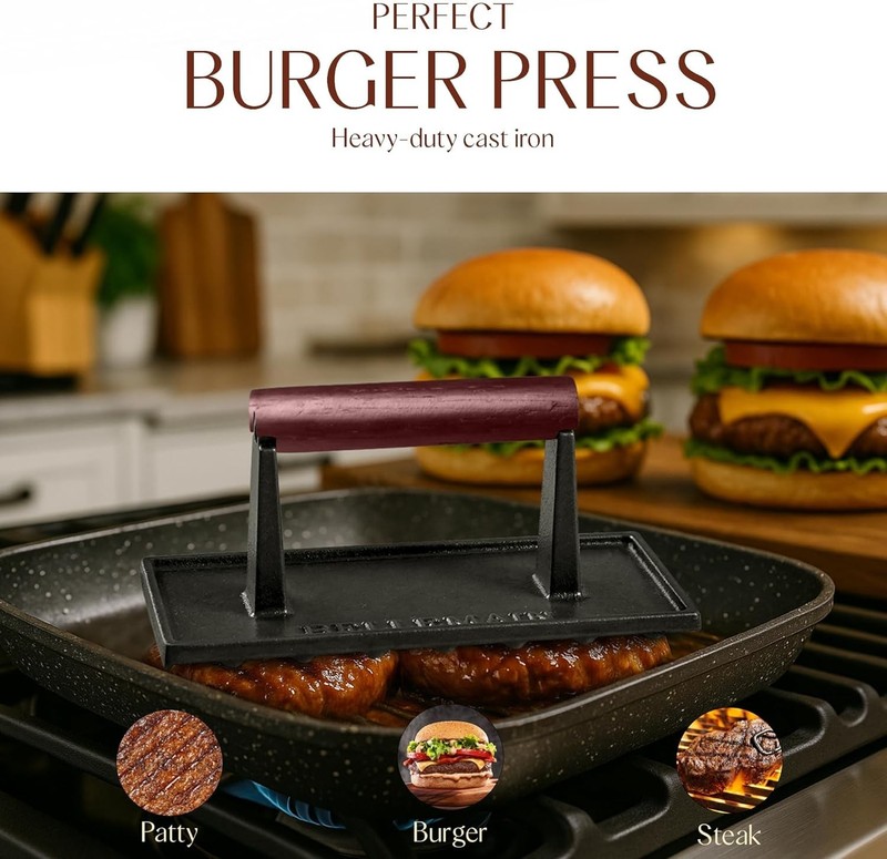 Heavy-Duty Cast Iron Grill Press for Perfectly Seared Bacon & Steak, 2.6 lbs gallery
