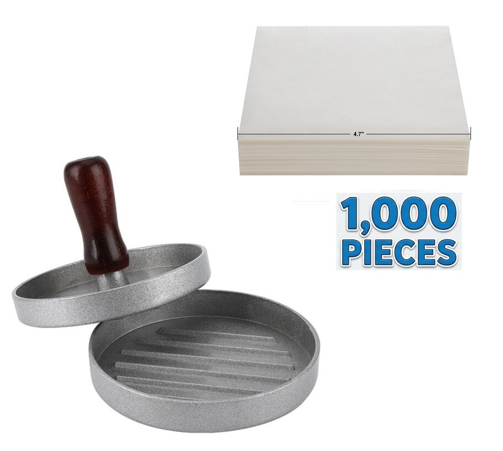 Aluminum Burger Press Patty Maker, Wooden Handle plus 1,000 Non Stick WAX Papers