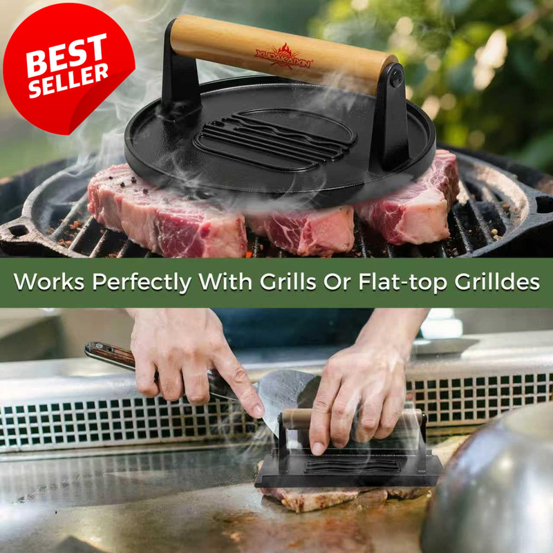 Cast Iron Burger Press Set 2PCS Round Rectangle Grill Bacon Meat Tool - US gallery