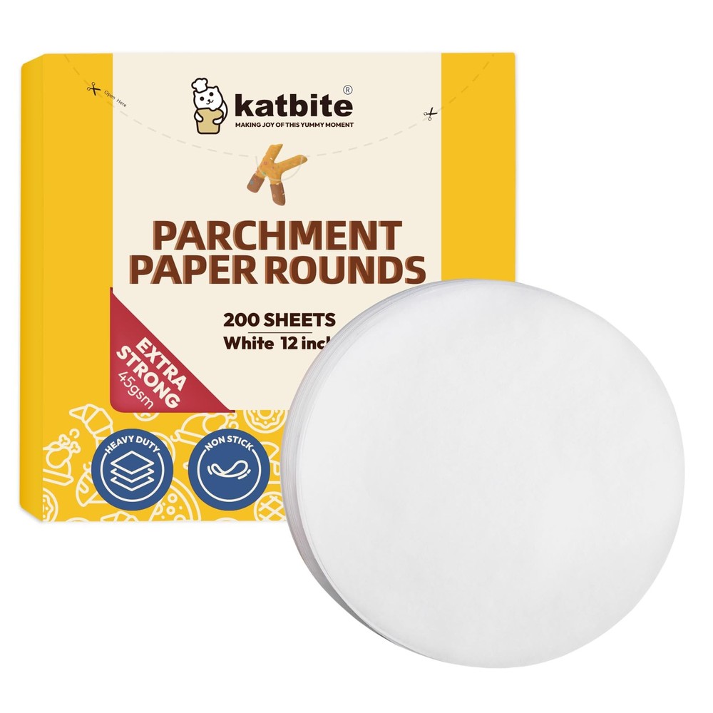 Katbite 12 Inch 200Pcs Parchment Paper Rounds, Round Baking 12inch-200, White