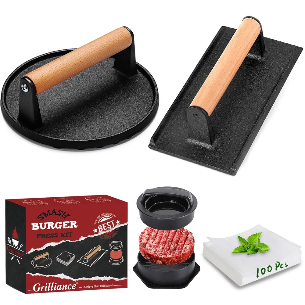 Smash Burger Press Kit, 3 in 1 Hamburger Press Patty Maker, Black Cast Iron B...