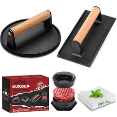 Smash Burger Press Kit, 3 in 1 Hamburger Press Patty Maker, Black Cast Iron B…