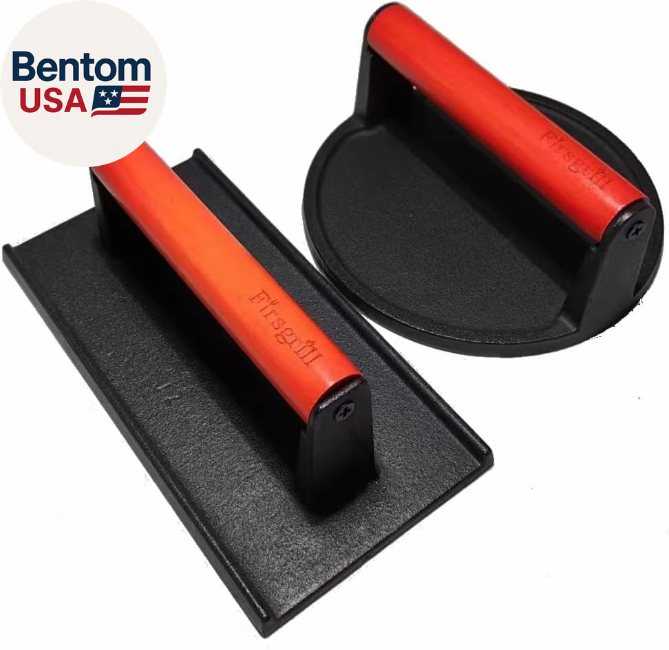 Burger Press 6.6" round Heavy-Duty Cast Iron Smash Meat Steak with Wood Handle f