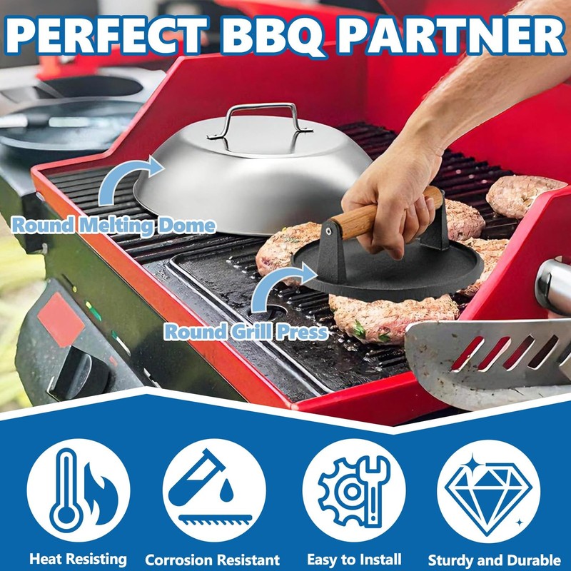 Cast Iron Burger Press & 12 in Stainless Steel Griddle Dome for Flat Top Grills gallery