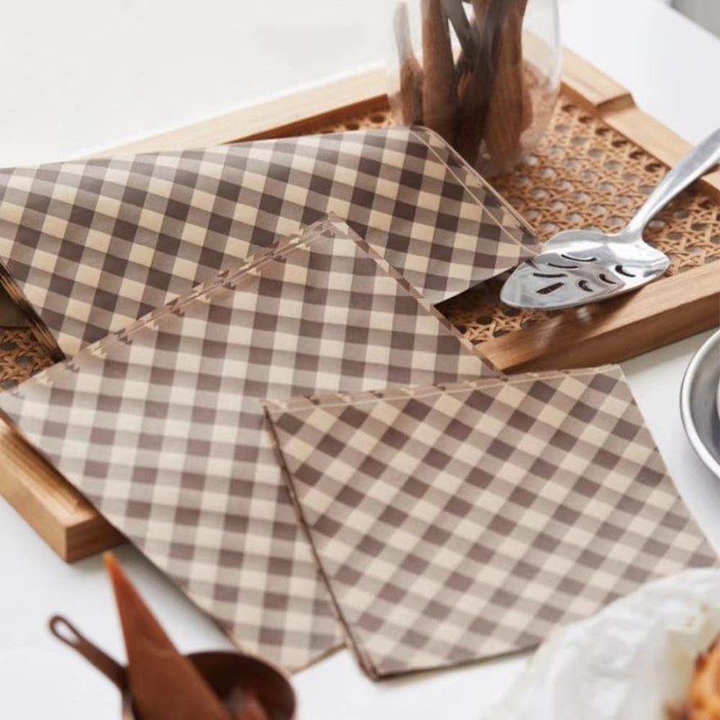 100Pcs Wax Paper Sheets for 7.1×7.1 in, Coffee-colored checkered in gallery