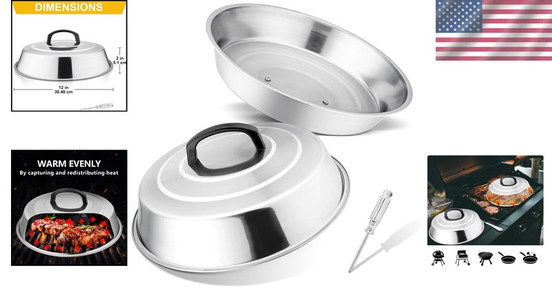 Set of 2 Cheese Melting Domes - 12-Inch Stainless Steel BBQ Steam Covers gallery