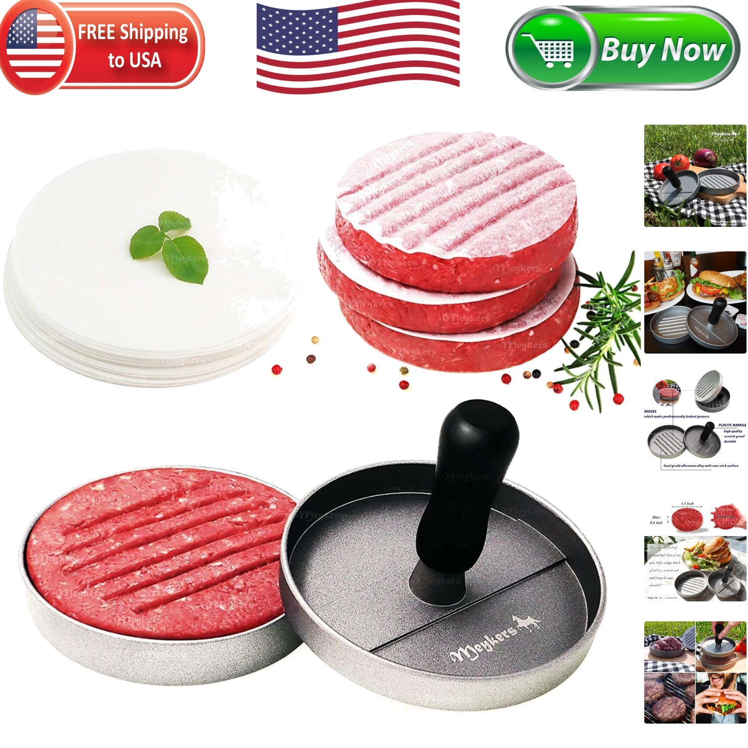 Professional Burger Press Set - Non-Stick Mold & 100 Patty Papers for BBQ Lovers gallery