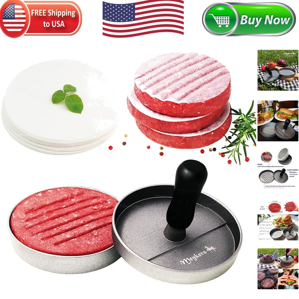 Professional Burger Press Set - Non-Stick Mold & 100 Patty Papers for BBQ Lovers