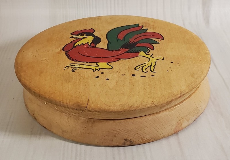 Vintage Wooden Burger Press with Rooster Design Hand Painted Lid Mid Century gallery