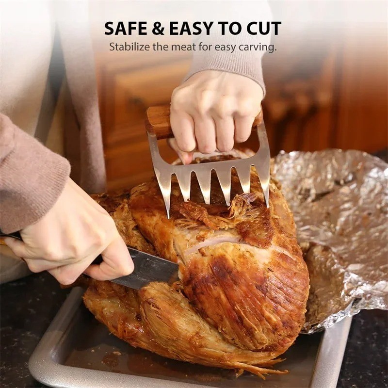 Metal Meat Shredder Claws 18/8 Stainless Steel Meat Forks Wooden Handle gallery