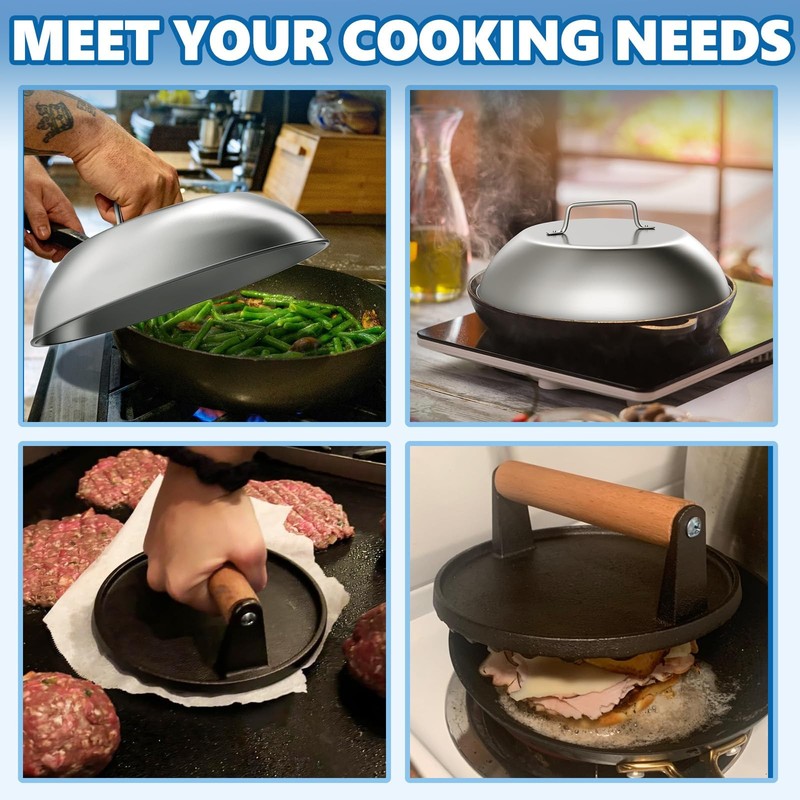 Cast Iron Burger Press & 12 in Stainless Steel Griddle Dome for Flat Top Grills gallery