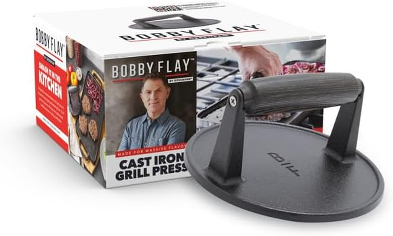 X Bobby Flay Smash Burger Press, 6.5" Cast Iron round Grill Press, Smashed Burge gallery