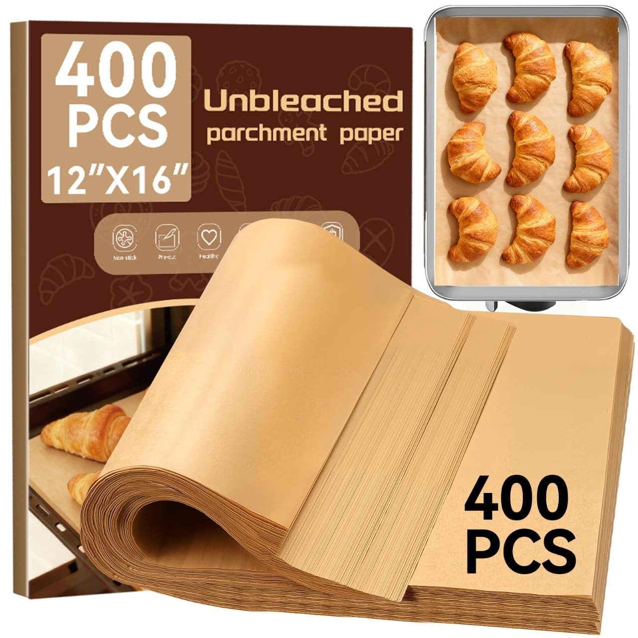 YUANYE 400PCS Parchment Paper Baking Sheets, 12"x16" 12x16In, Brown gallery