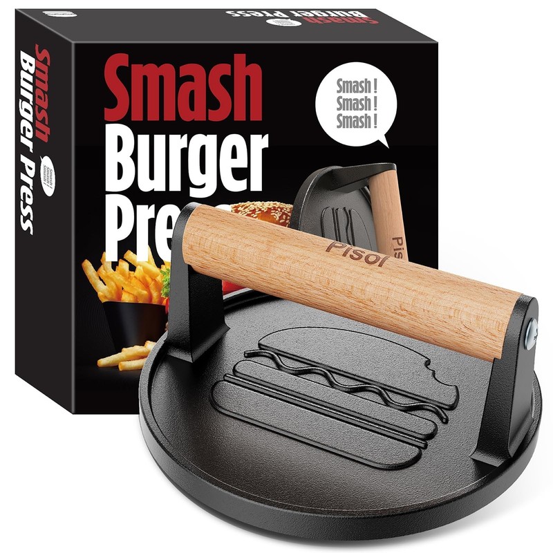 Heavy-Duty Cast Iron Burger Press Tool, 6.6” Hamburger Smasher with Wood Handle gallery