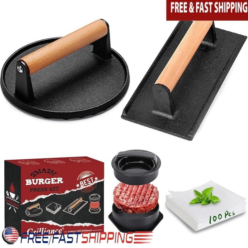 5PCS Cast Iron Burger Press Set Patty Maker Smasher Tool W/ Parchment Paper New gallery