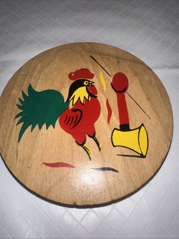 Vtg Rooster and Axe Hamburger Press Wood Hinged MCM Folk Art Kitchen Decor Read gallery