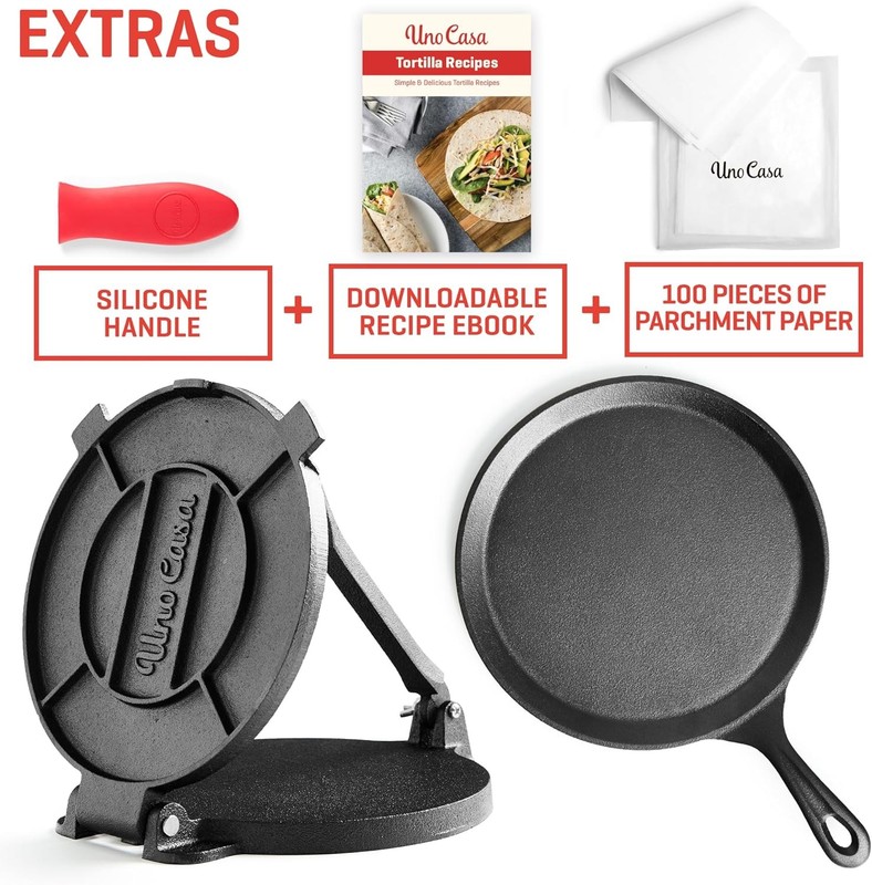 10 Inch Cast Iron Tortilla Press & Comal Pan Bundle - Non-Stick, Heat-Resistant, gallery