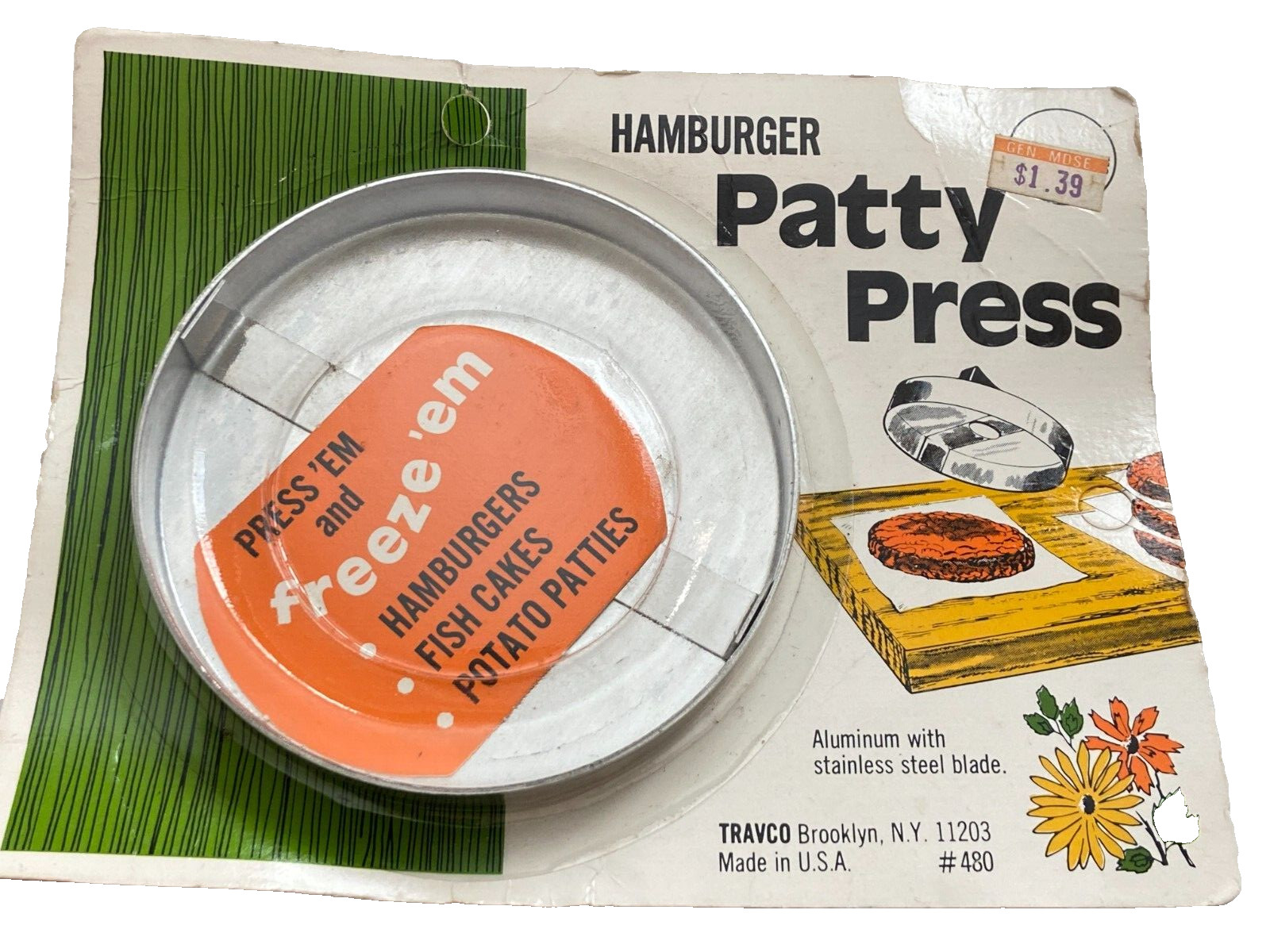 Vintage Travco Aluminum Hamburger Patty Press ~ Made in USA ~ New in Pkg gallery