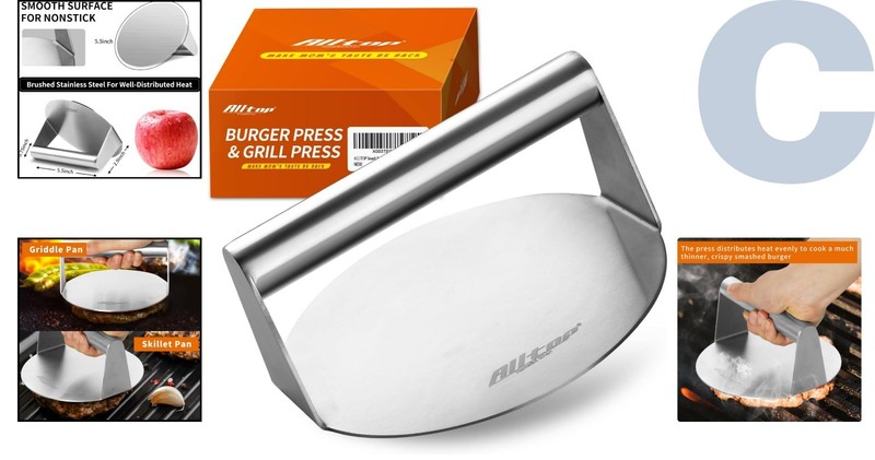 5.5" Stainless Steel Burger Smasher - Non-Stick Patty Maker for Perfect Grilling gallery
