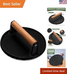 7″ Round Heavy-Duty Cast Iron Burger Press with Wood Handle for Perfect Grilling