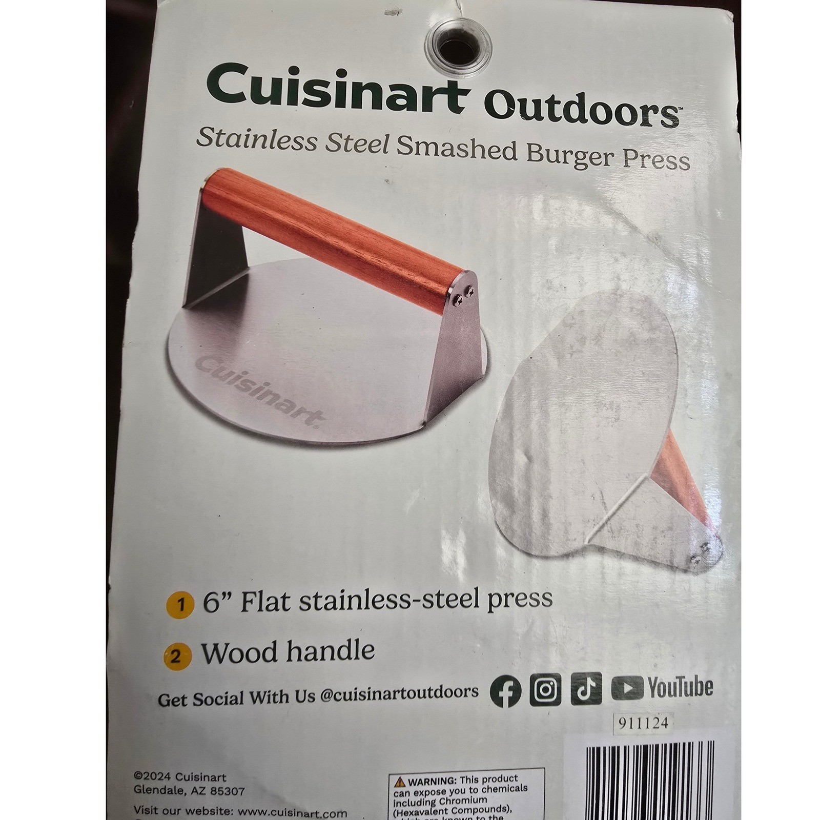 Cuisinart Outdoors Stainless Steel Smashed Burger Press 6 Inch Wood Handle NEW gallery