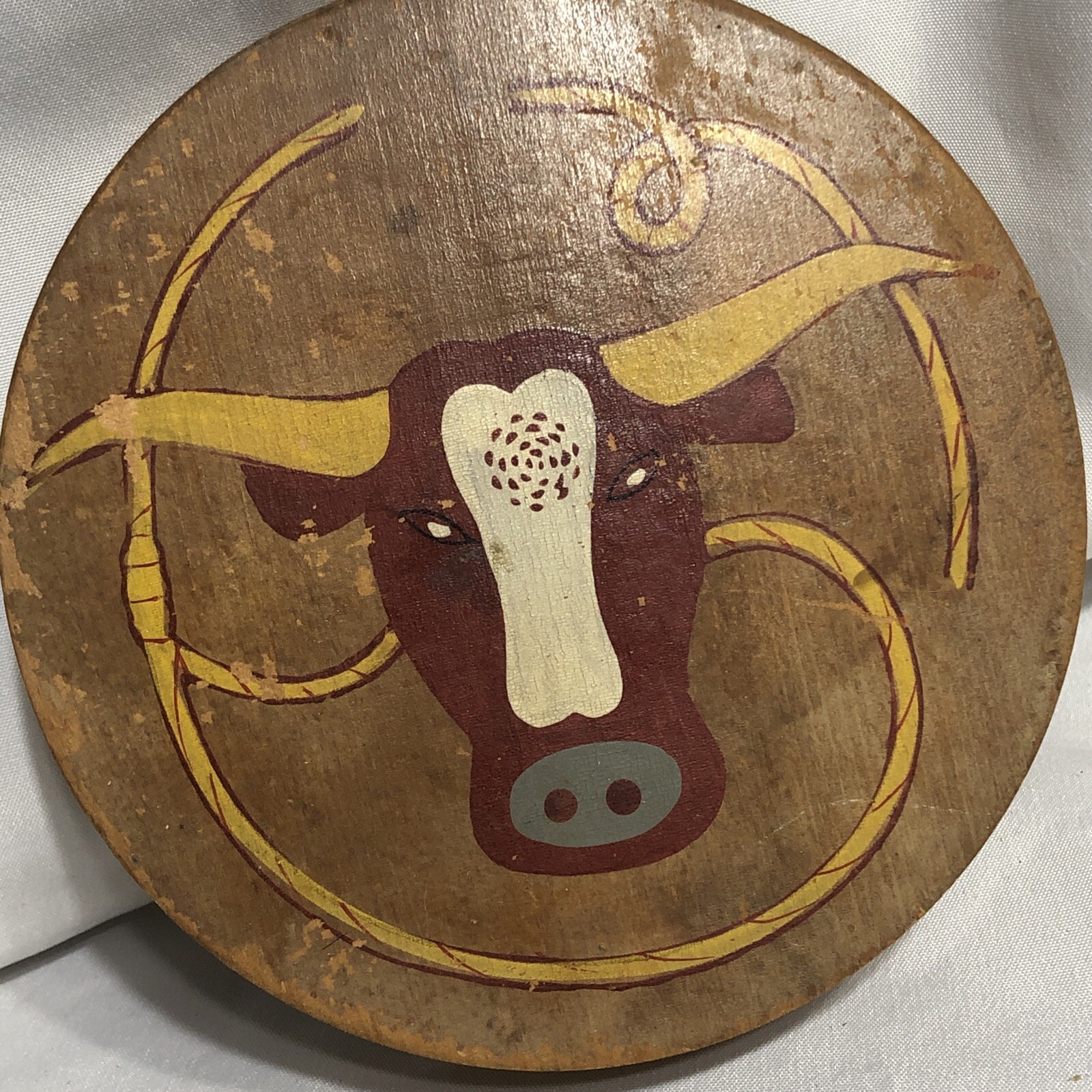 Vtg Burger Press Steer Bull Cow Horns Lariat Wood 5.5” Diameter Wallhanging/344m gallery