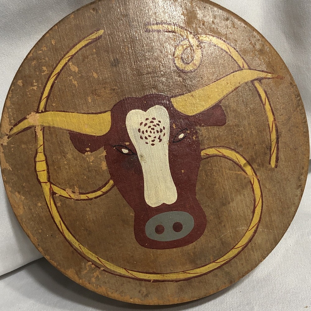 Vtg Burger Press Steer Bull Cow Horns Lariat Wood 5.5” Diameter Wallhanging/344m