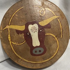 Vtg Burger Press Steer Bull Cow Horns Lariat Wood 5.5” Diameter Wallhanging/344m