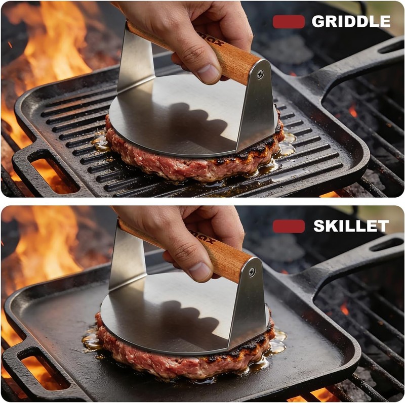 Stainless Steel Burger Press 5.5" Round Smash Burger Press W/ Wood Handle Grill gallery