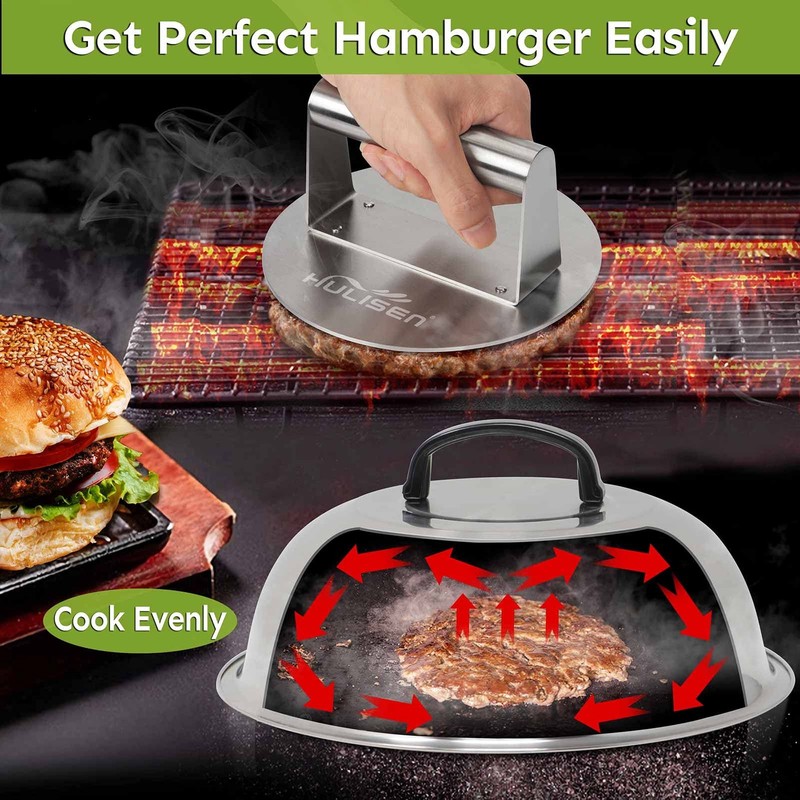 HULISEN Smashed Burger Kit, Press, 12 Inch Basting Cover, Grill Spatula, Spice gallery