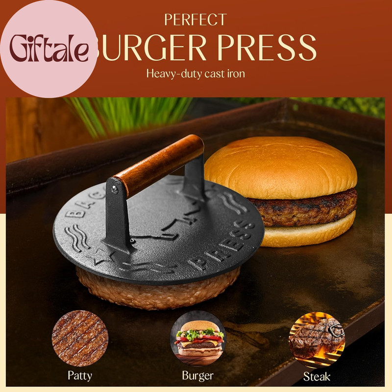 Heavy-Duty Cast Iron Burger Press 8.5 Inch round Burger Smasher, Grill Press for gallery