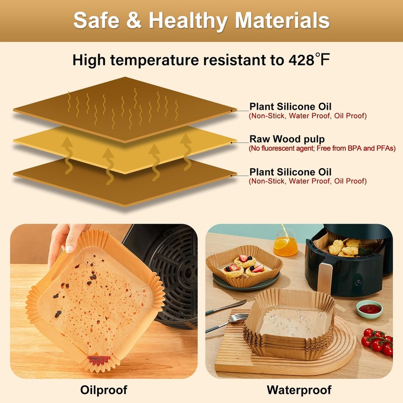 Breznoa Air Fryer Paper Liners, 200 Pcs 8" Square 200Pack, Natural Brown gallery