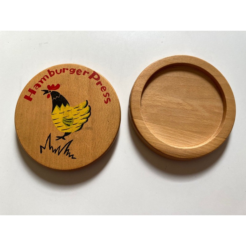 VINTAGE WOODEN HAMBURGER PRESS W/ROOSTER ARTWORK. MADE IN JAPAN. Hinge Missing gallery