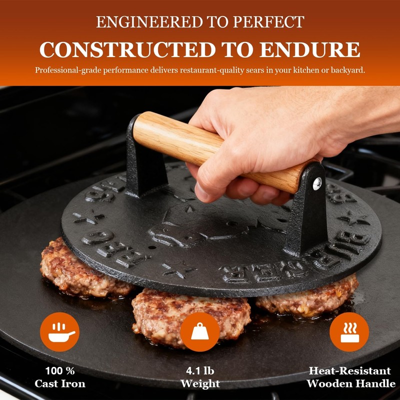 Cast Iron Burger Press 4.1lb Heavy Duty Grill Weight Bacon Press Wood Handle gallery
