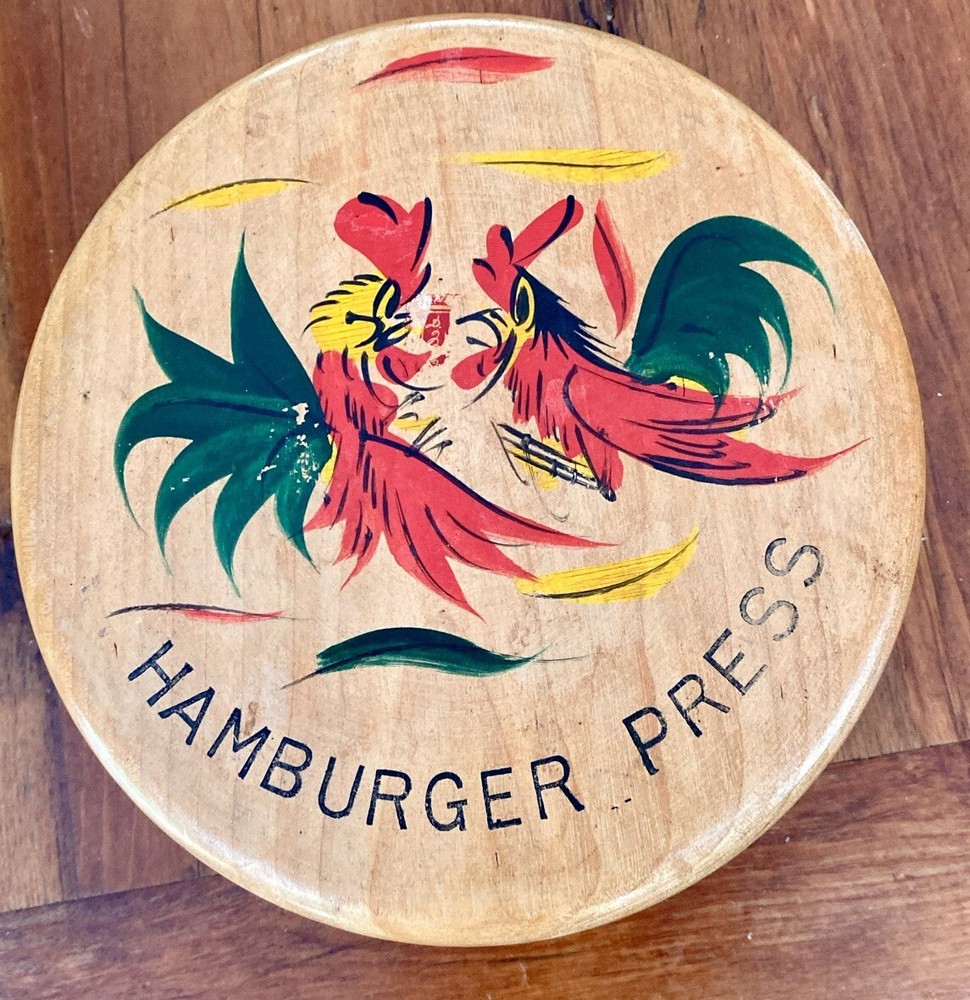 Vintage Wooden Hamburger Press Two Fighting Roosters Chickens Multi Color 5.5”