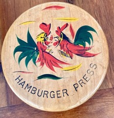 Vintage Wooden Hamburger Press Two Fighting Roosters Chickens Multi Color 5.5”