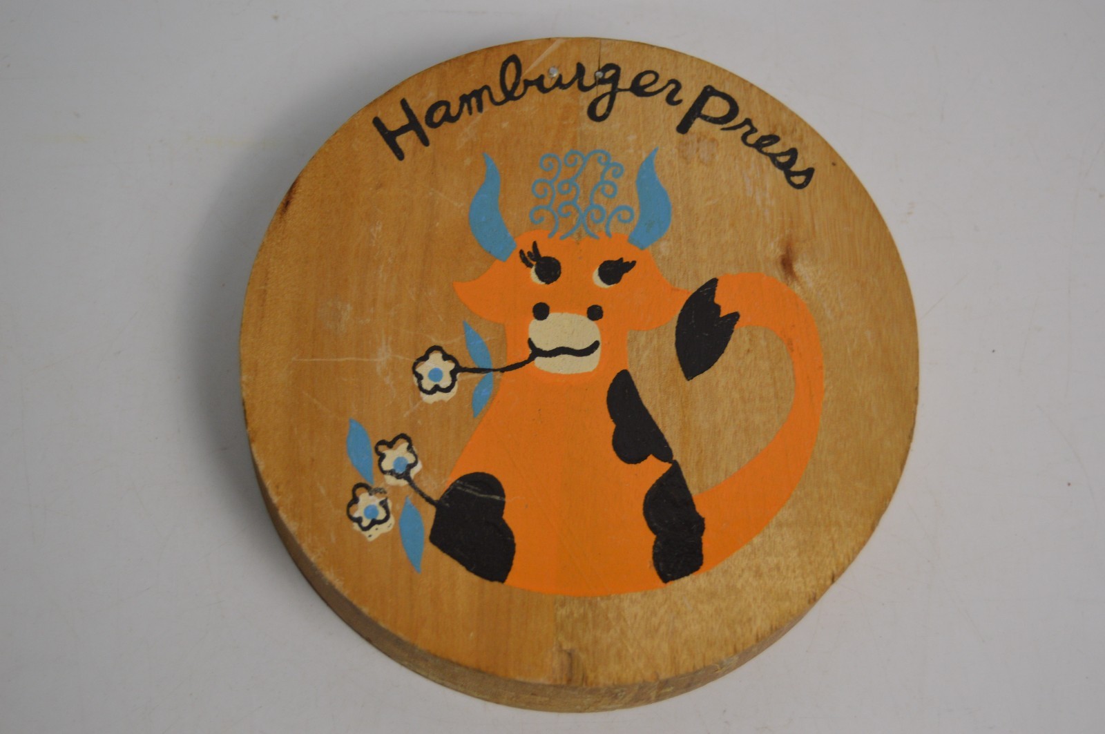 Vintage Wooden Hamber Patty Press Kitschy Cow With Flowers Farmhouse Country gallery