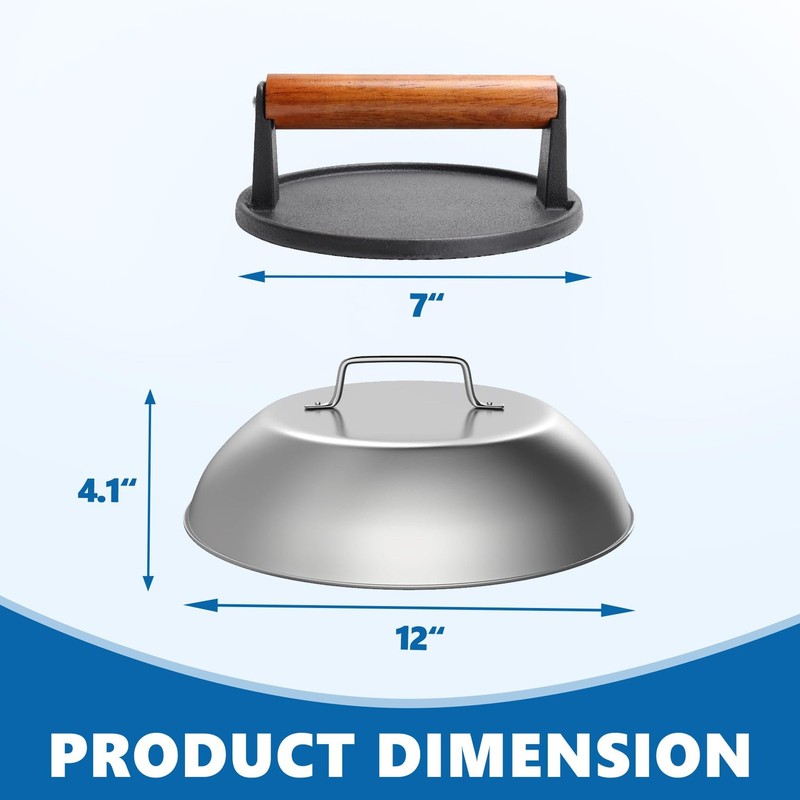 Cast Iron Burger Press & 12 in Stainless Steel Griddle Dome for Flat Top Grills gallery