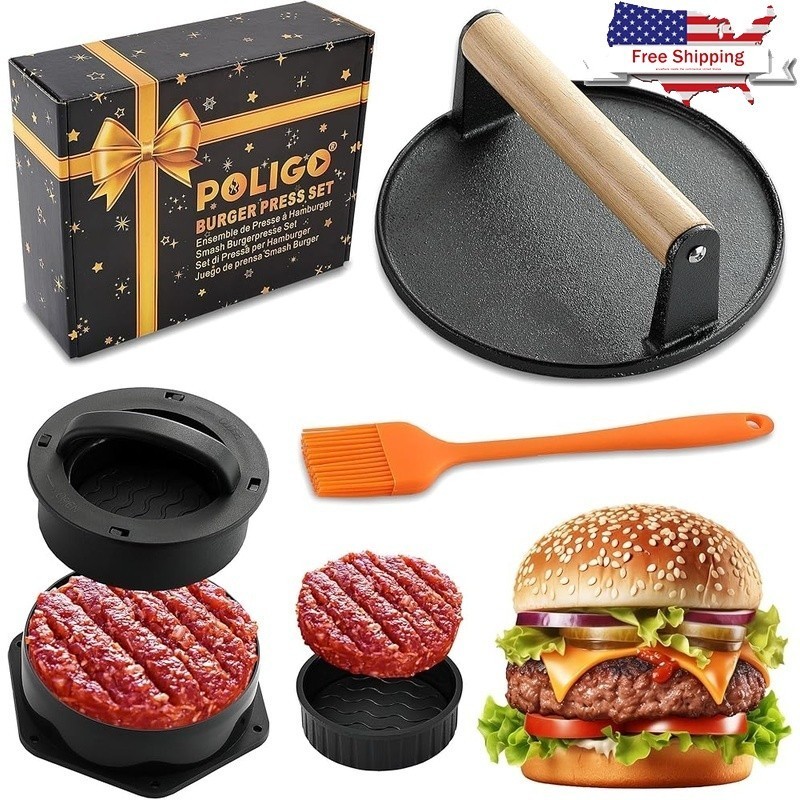Smash Burger Press Kit 4 in 1 Hamburger Patty Storage Container Cast Iron