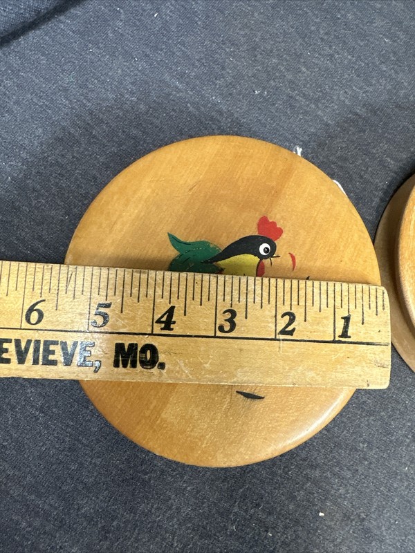 Vintage Pair MCM Hamburger Presss Wood Painted Rooster Good Condition 5.5” Dia. gallery