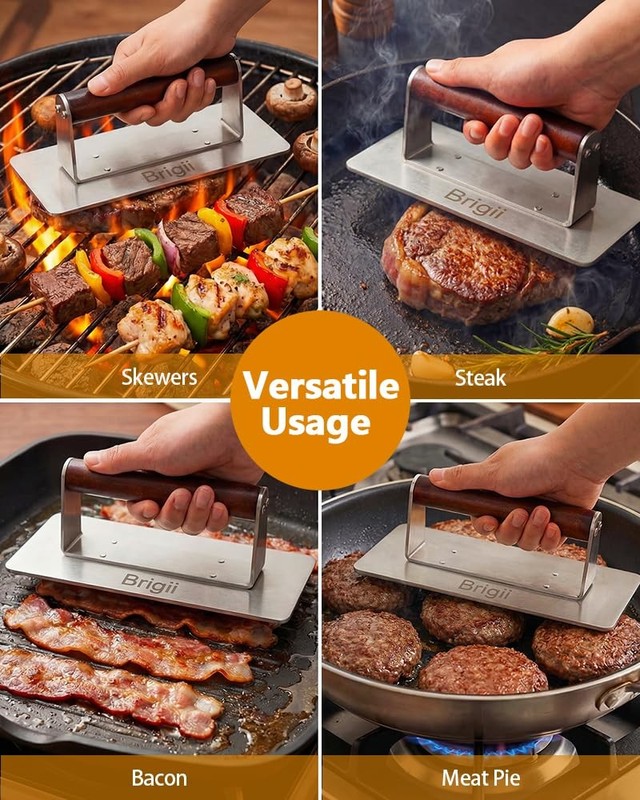Stainless Steel Burger Press Smasher - 9"x4" Rectangular Grill Press with Woo... gallery