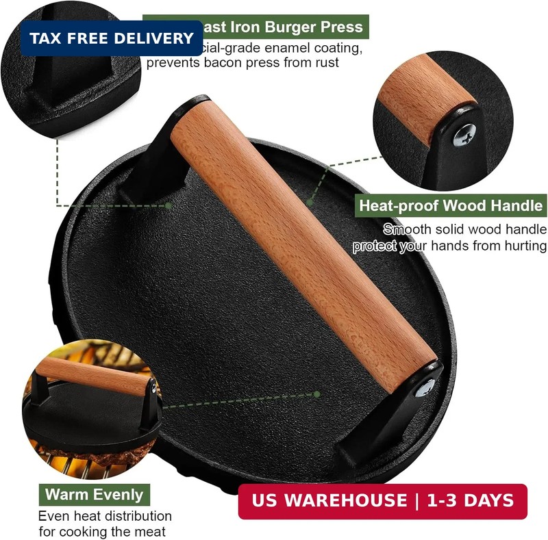 EWFEN Burger Press, 7" Round Heavy-Duty Cast Iron Smash Bacon Press Meat Steak w gallery