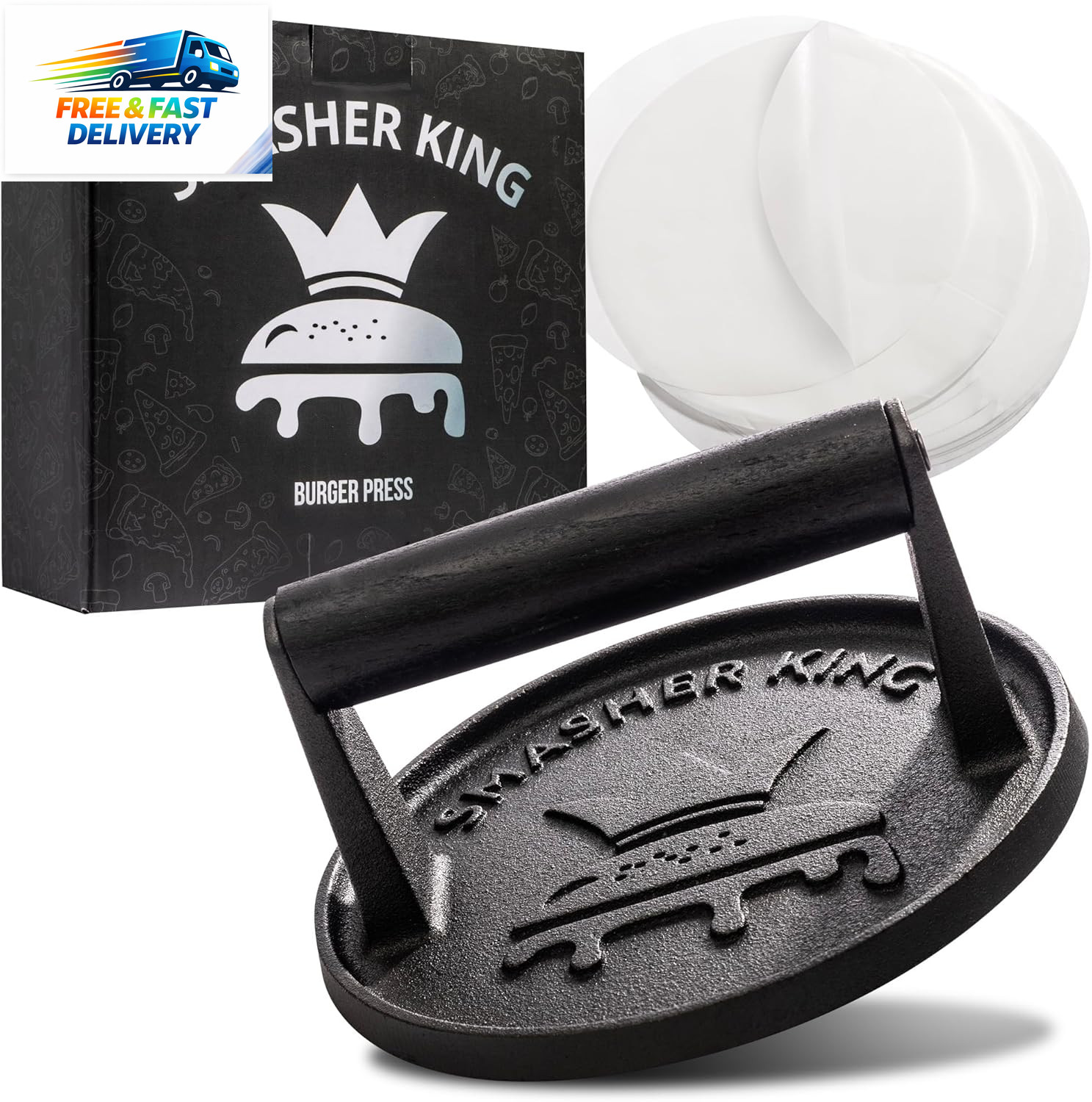 ™ - Premium Cast Iron Smash Burger Press Incl. 25 Pcs of Patty Paper, Burger Sma gallery